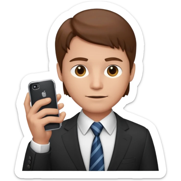 Un hombre de traje con tez clara pelo color castaño, vestido con traje camisa y corbata y celular en mano .  sticker