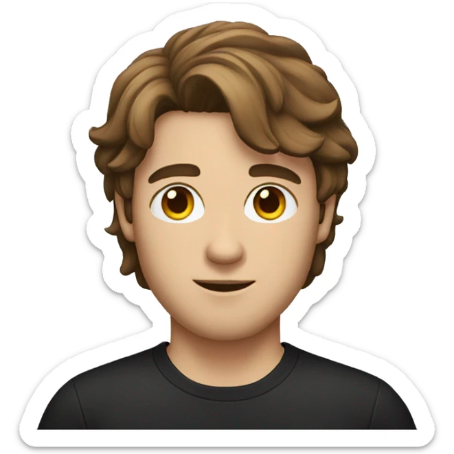 Man with brown hair and eyes in a black T-shirt with hair back sticker