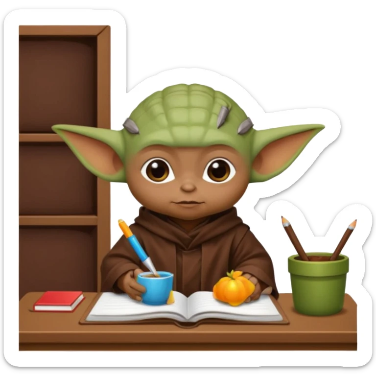 Baby Yoda con su tunica chocolate leyendo en un cuaderno sobre un escritorio en un aula de clases sticker
