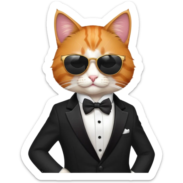 cat wearing cool sunglasses proudly showing off his new tuxedo, stylish, confident pose sticker