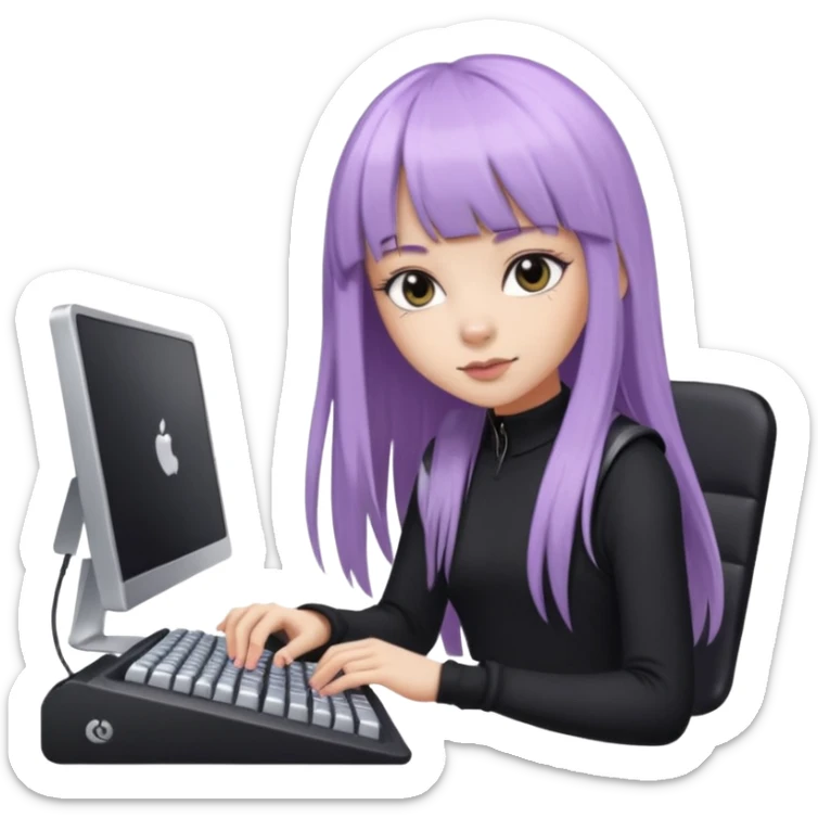 lilac girl with long hair and bangs worker and acessories with a pc worten the clothes black like an alternative sticker