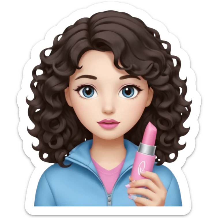 A girl with soft loose wavy curls (not tight), dark brown hair with natural volume, round-almond Douyin-style eyes with long curled lashes, cool-tone neutral makeup. She’s wearing a light-blue athletic outfit and holding a normal-size pink lipstick in one hand.. sticker