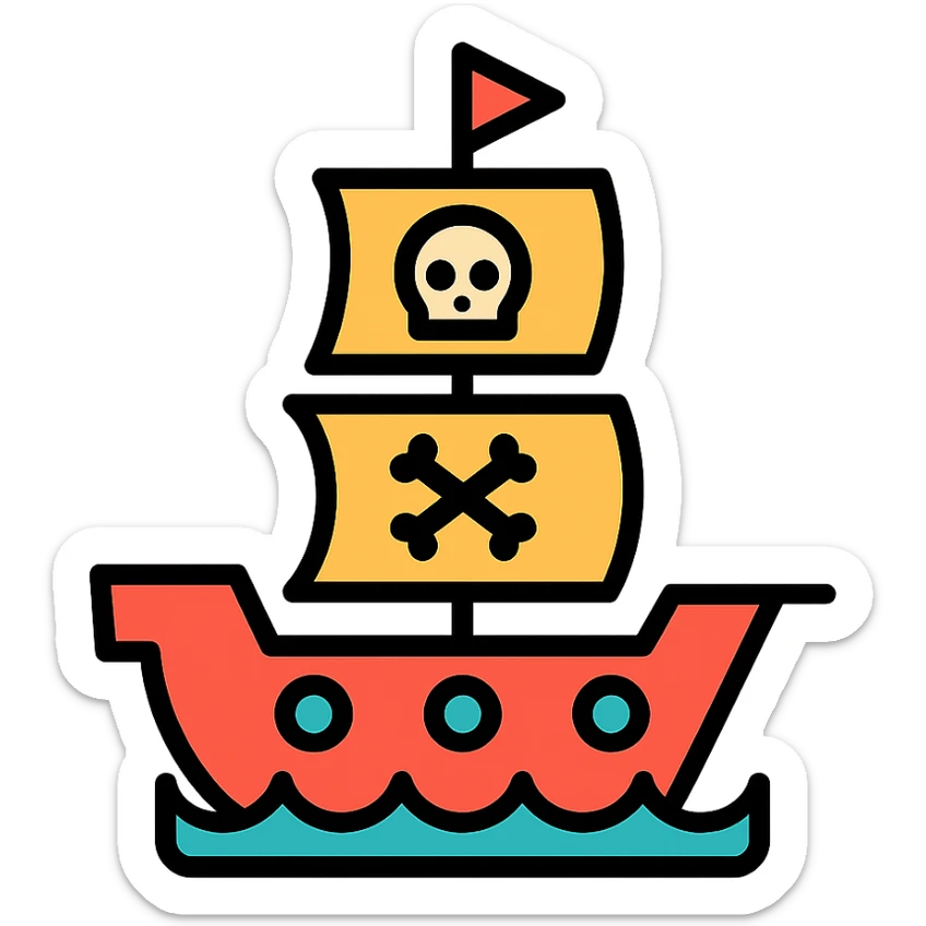pirate ship, color outline icon, playful colors, black outlines, modern icon style sticker