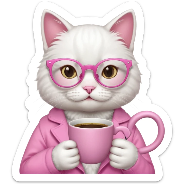 White cat, pink clothes and pink glasses, holding coffee mug sticker