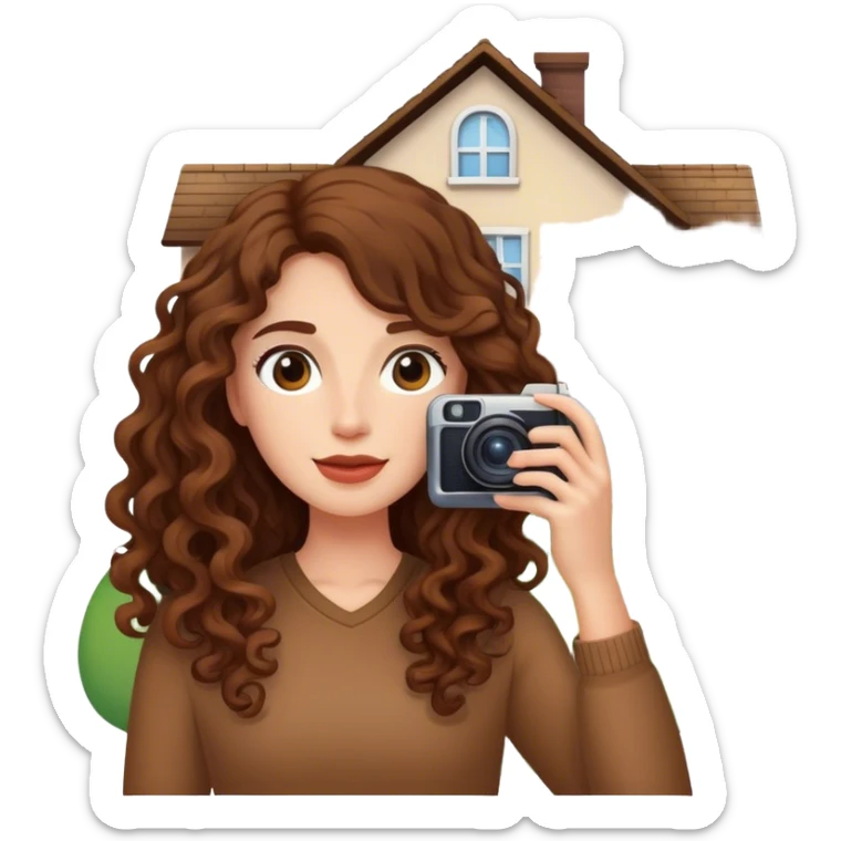 Woman with long curly hair taking a photo of a house sticker