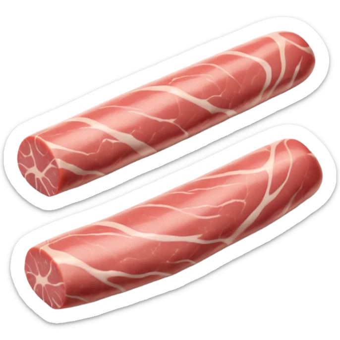 raw pork tenderloin, whole boneless, long tapered slightly curved, soft pink, smooth, fine muscle grain, minimal marbling, clean, moist, no cutting board or garnish, no faces, clean 3D, soft shadows, transparent background, emoji scale sticker