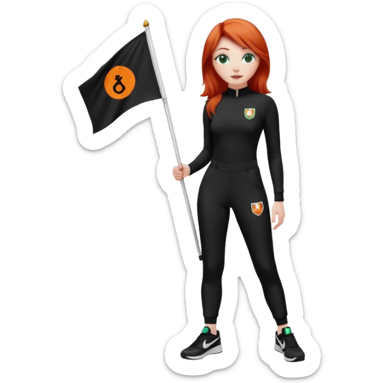 white girl wearing orange cameo trousers and along sleeve high neck black bodysuit with black and white Nike trainers. she has red hair and bluey green eyes and is holding flag with her logo on  sticker