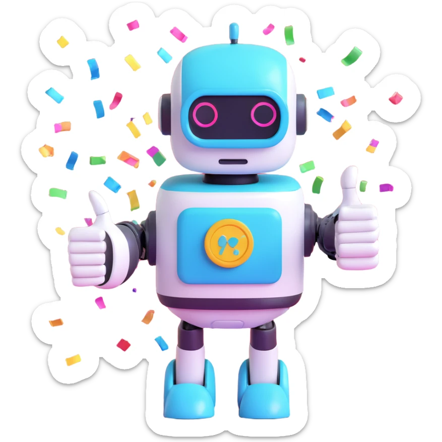 cute robot hand giving a thumbs up with a small AI badge and colorful confetti, signaling AI assistance in a lighthearted style sticker