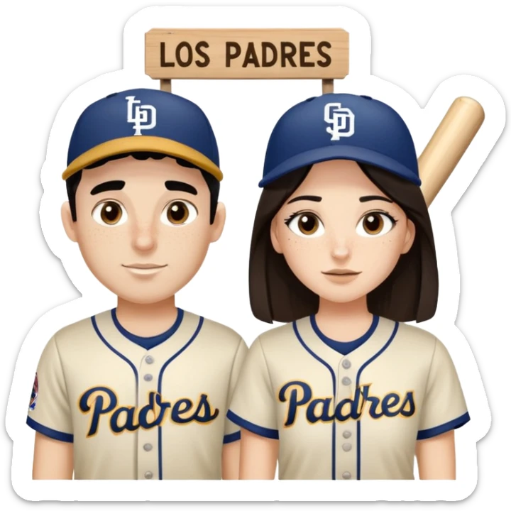 Couple in a game with brunette hair but white skin. They are girlfriend and boyfriend. Not sibling. Girl has medium cheeks and freckles on the nose. The boy has black hair and prominent eyebrows with egipcian nose. Both are wearing “Los Padres” baseball jerseys and with a sign that says “Go Padres” sticker