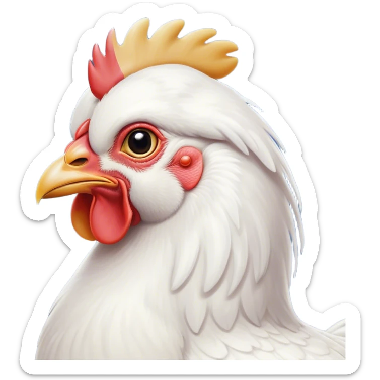 Cinematic Noble White Chicken Portrait Emoji, Poised and regal, with a compact, sturdy build and a pristine, well-groomed pure white plumage, deep-set soulful beady eyes, Simplified yet sharp and sophisticated features, highly detailed, glowing with a soft, dignified glow, high shine, intelligent and alert, stylized with an air of barnyard elegance, focused and attentive, soft glowing outline, capturing the essence of a watchful and confident fowl, so majestic it feels as though it could strut out of the screen with effortless authority! sticker