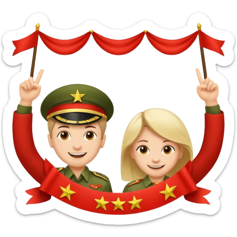 Happy Victory day। A banner is standing with a boy on one side and a girl on the other. sticker