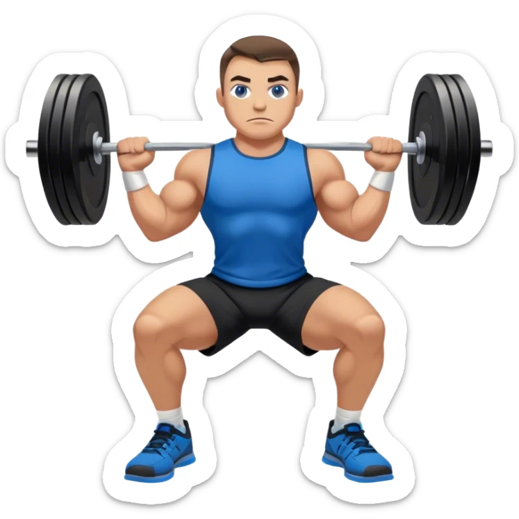 tanned powerlifter grey eyes black shorts black t shirt blue shoes barbell squats sticker