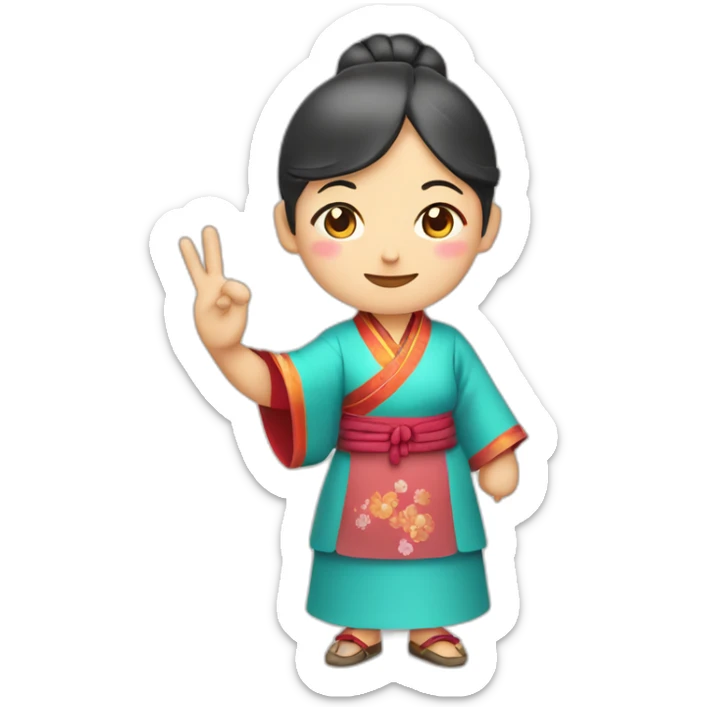 Chinese middle aged lady wear Chinese traditional dress  with a sign of agreeable and peace gesture sticker