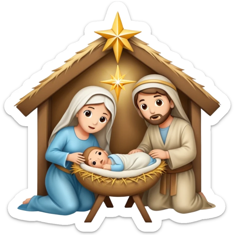 Nativity scene with baby Jesus in a manger, Mary, Joseph, and star above sticker