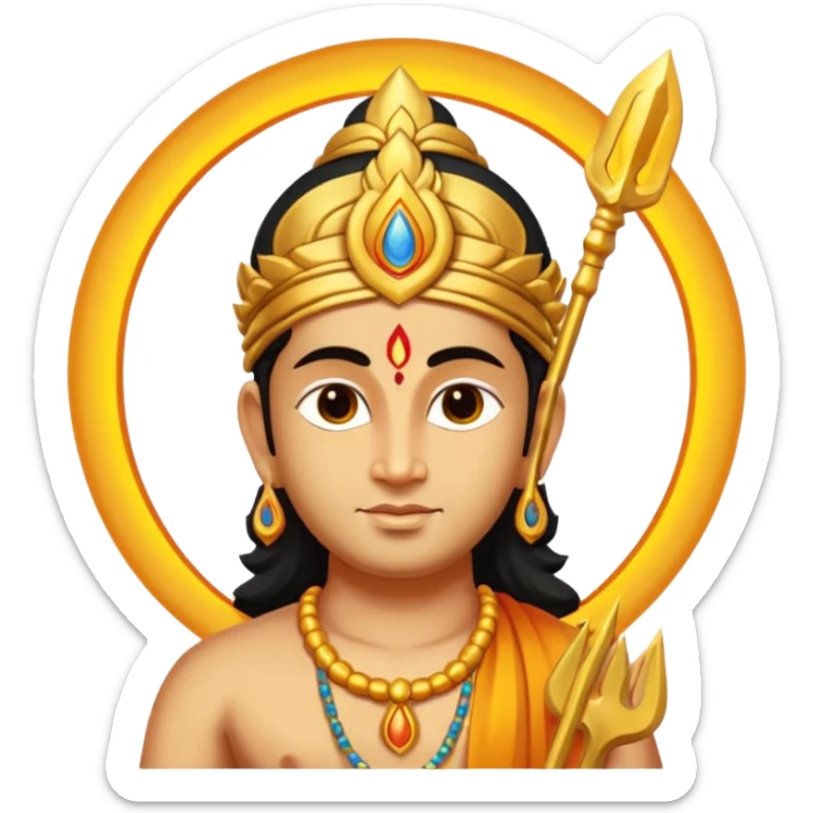 A minimal, divine emoji-style illustration of Lord Murugan, serene face, glowing vel (spear) symbol, bright golden aura, vibrant colors, simple rounded emoji design, high clarity, spiritual and peaceful expression, white background. sticker