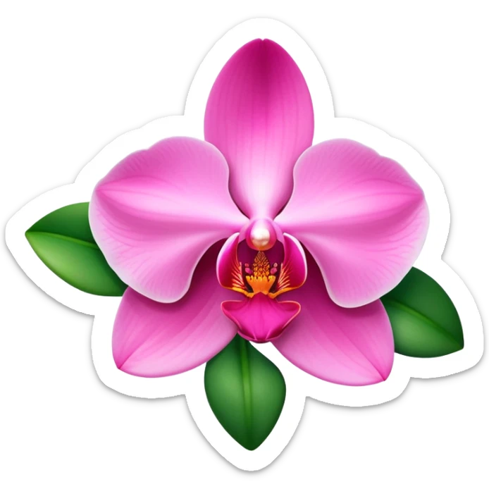 Elegant pink phalaenopsis moth orchid with vibrant rosy petals and two visible green leaves at the base sticker