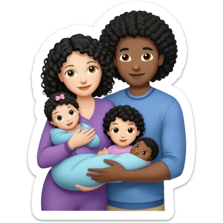 family: white woman curly black hair, black man with short black frizz hair, one 2 y o daughter , and a newborn in the and of the mother sticker