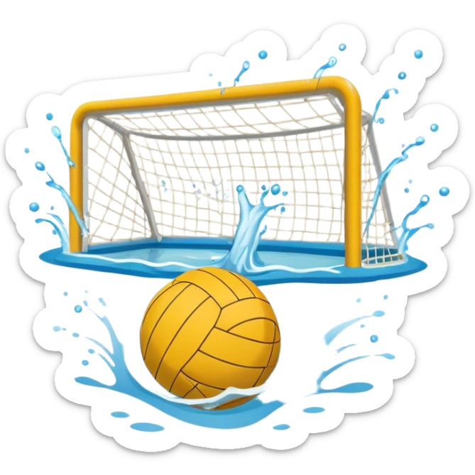 An icon showing a water polo ball floating on the surface of a pool, with a goal frame in the background, and water splashing around. The design captures the intensity of the game with visible ripples on the water. Transparent background highlights the excitement of water polo. sticker