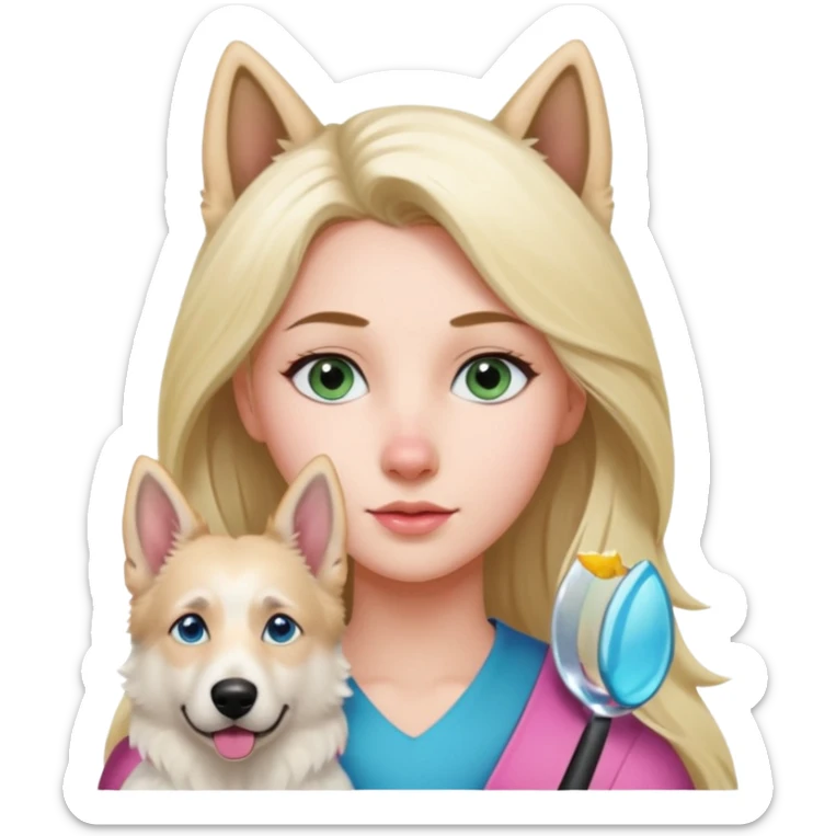 White European young woman with blue-green eyes and long blond hair with her white German Shepherd dog,the Dog has a pink nose and short fur  and Brown eyes sticker