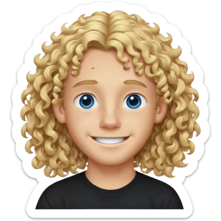 blonde boy with long curly hair past his ears, smiling, wearing a black shirt with freckles and blue eyes sticker
