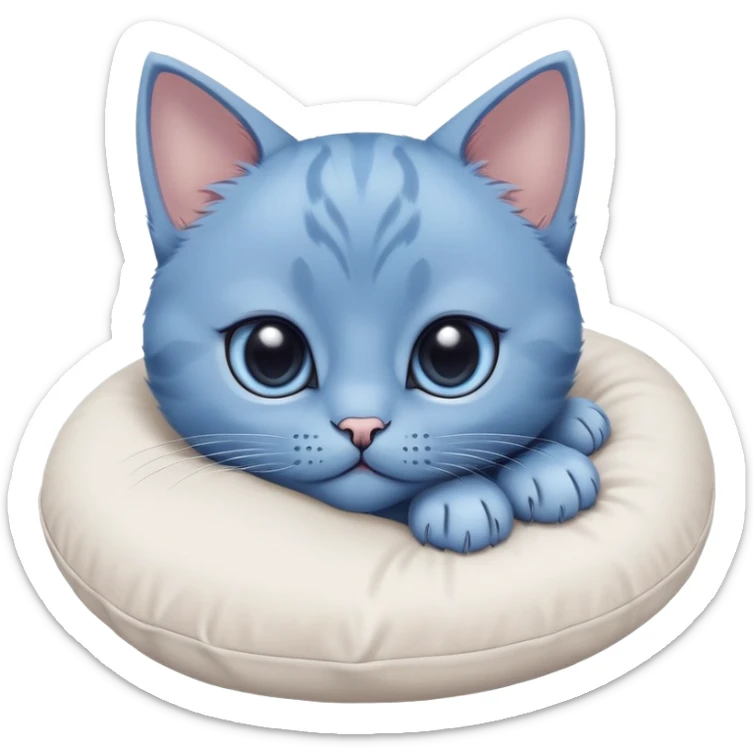The head of a blue kitten with large eyes, resting on its big paws. The paws are placed on a pillow. Minimalist design with no detailed features, focusing on the kitten's adorable face and large paws sticker