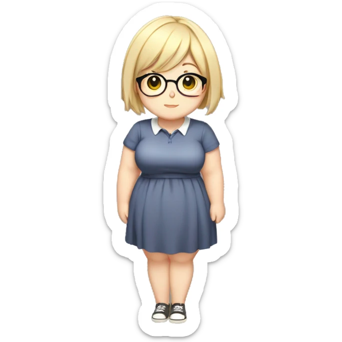 Chubby anime girl with glasses and short blond hair, full body wearing cute dress sticker