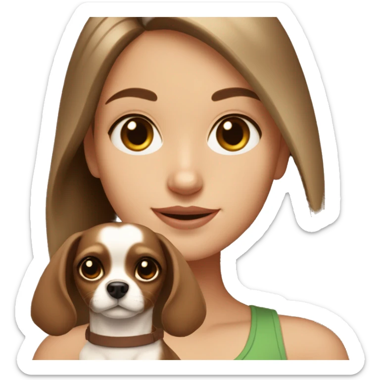 White girl with dark brown hair and middle part in her hair holding tan and brown chihuahua sticker