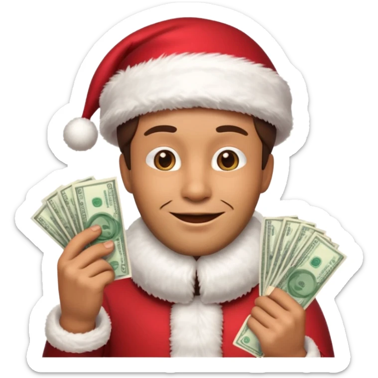 A confident rich emoji face wearing a Santa hat, money stacks, casino vibe, New Year theme, premium 3D emoji style, sharp details, no text, isolated on transparent background sticker