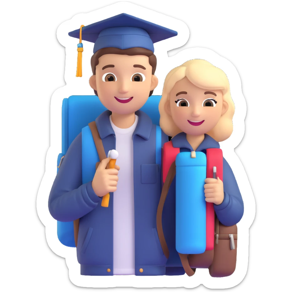 memoji of a college student, smiling, casual clothes, holding a backpack, friendly expression, wearing a graduation cap sticker