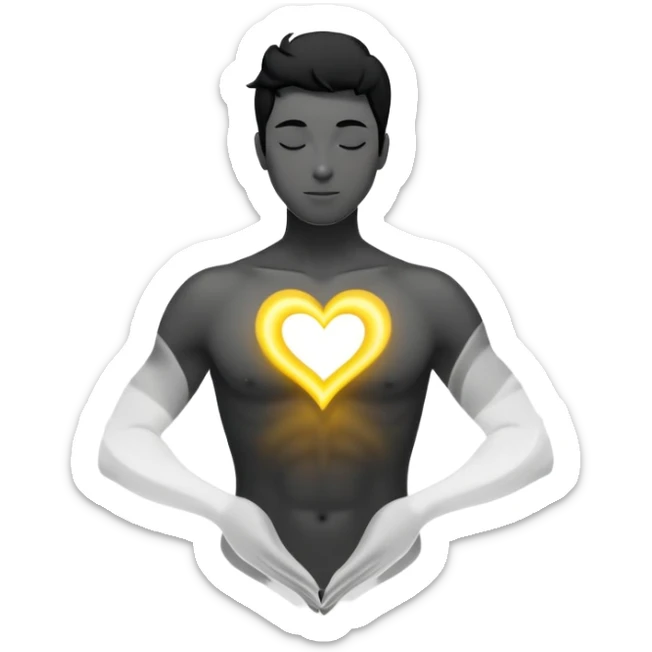 minimalist b&w male silhouette with flowing black-and-white curves across the lower body, now overlaid with a small, softly glowing spark or radiant light near the chest or head — heart symbolizing inspiration, inner fire, and creative energy awakening” yellow glow sticker