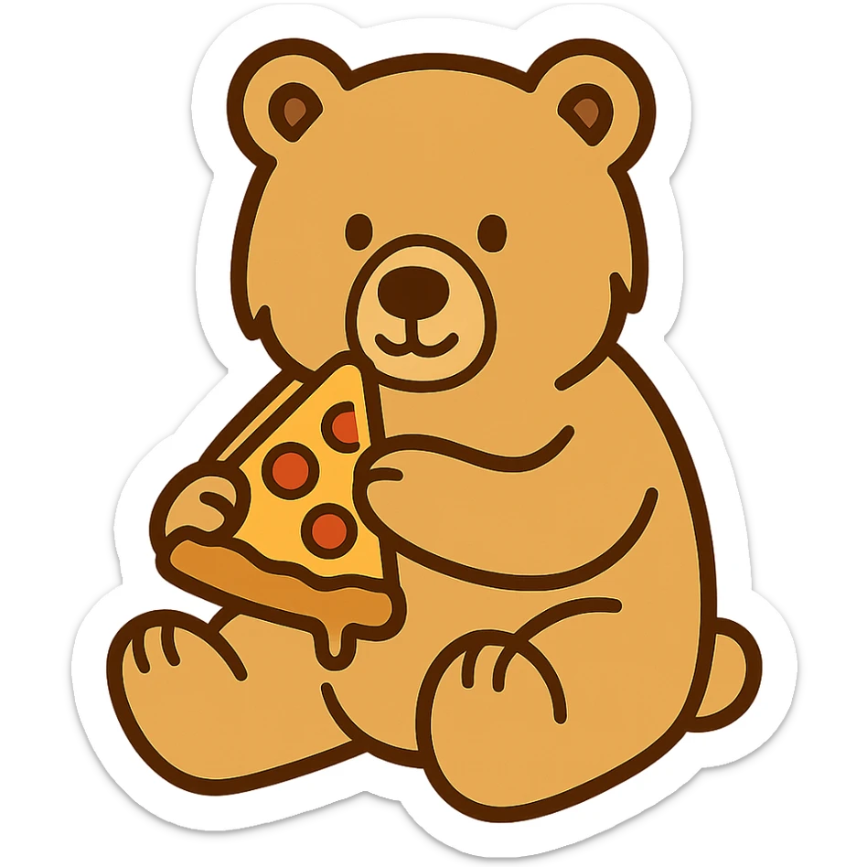 flat toon style blonde grizzly bear sitting, full body, holding a slice of cheese pizza sticker