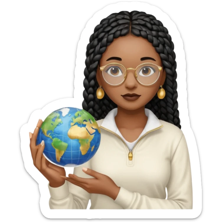 a young woman wearing fine gold round glasses and black hair in several box braids, no earrings, she has light black skin, and she's wearing a white shirt with a black quarterzip. She's holding a globe in one hand sticker