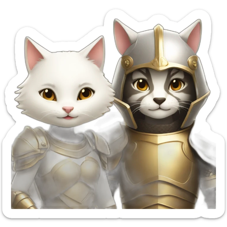 a smiling badger and a white female cat wearing a golden light armour also smiling sticker