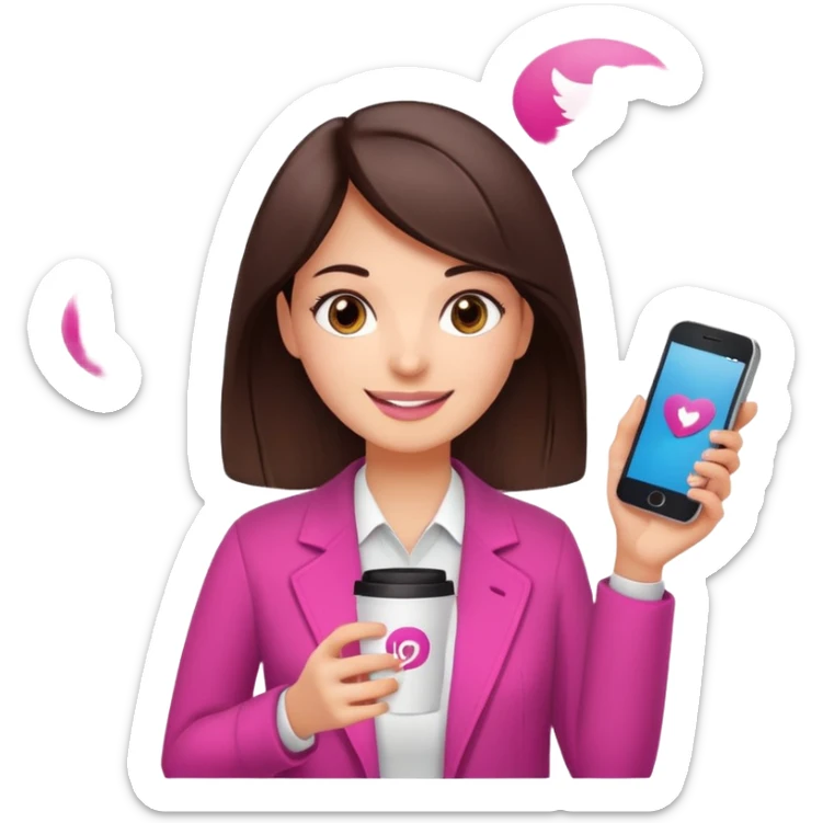 Social media manager. She has dark brown hair, brown eyes, a friendly smile. She is holding a smartphone and a coffee cup. Include subtle marketing elements like small icons of hashtags or a speech bubble, instagram logo. Use vibrant colors with a focus on pink and fuchsia tones. sticker