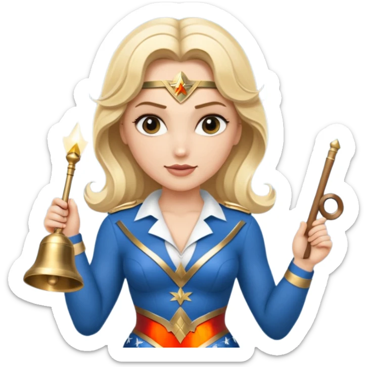 Blonde Wonder Woman holding bell and short white orchestra conductor’s baton  sticker