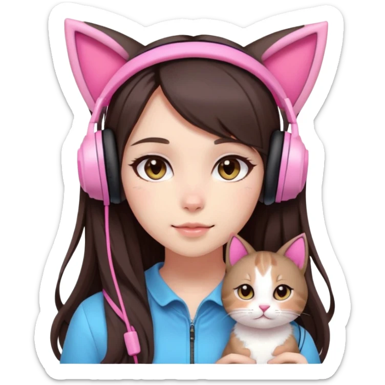 gamer girl with long dark brown hair, light skin, big brown eyes, cute, pink headset with cat ears, blushing softly and naturally, beautiful sticker