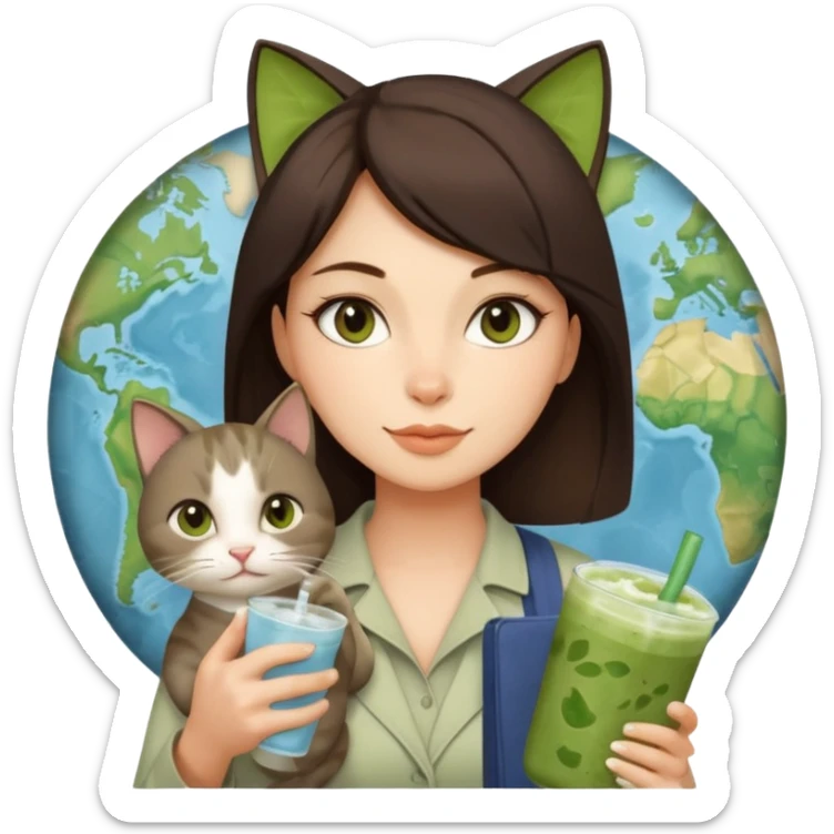 a brunette woman in here 30S drinking an iced matcha, carrying a grey cat and a map of the world sticker