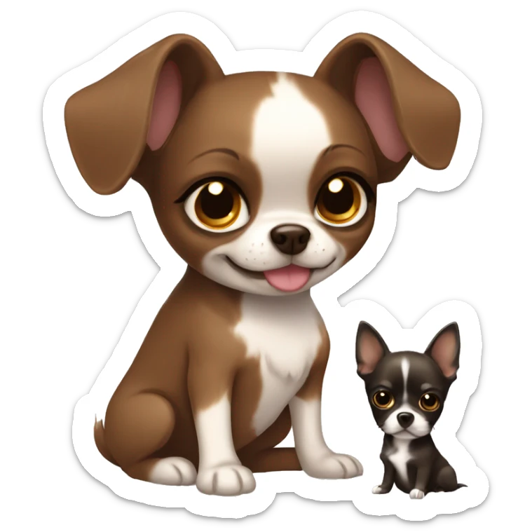 Girl with dark brown hairs, brown eyes with dog chihuahua gold, eyes brown hugs  sticker