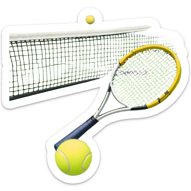 A tennis racket with a bright yellow tennis ball resting on it, set against the backdrop of a well-maintained tennis court. The scene emphasizes the smooth lines of the court and the focus on the ball and racket, symbolizing the elegance and precision of the sport sticker
