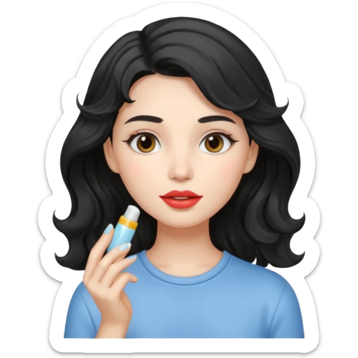 “Girl with light-black wavy hair, soft and flowing. She holds a lip balm just near her lips, about to apply it. The lip balm gives her lips a subtle glossy shine, making them look smooth, hydrated, and naturally pretty sticker