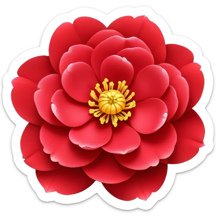 red Japanese camellia flower with layered petals and yellow stamen, flat design sticker