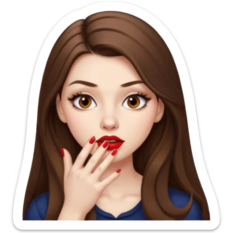 A girl with long brown hair, eyeliner, long lashes, light brown eyes, pale skin and red lipstick biting her nails nervously. sticker