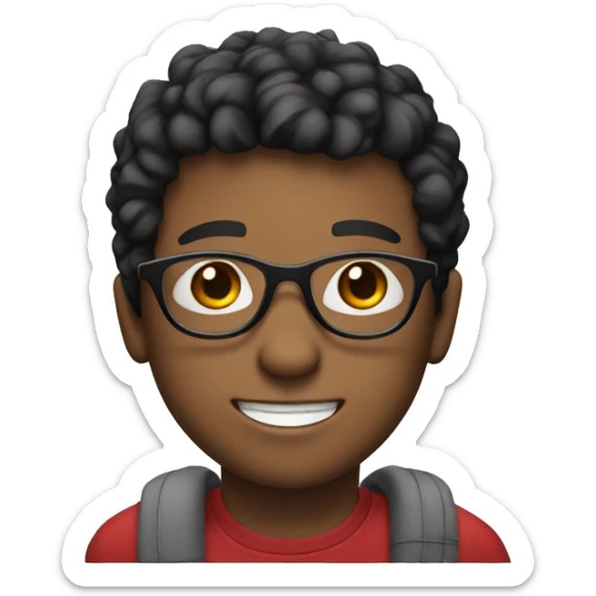 Smiling white boy with glasses with glasses short black hair and red shirt sticker