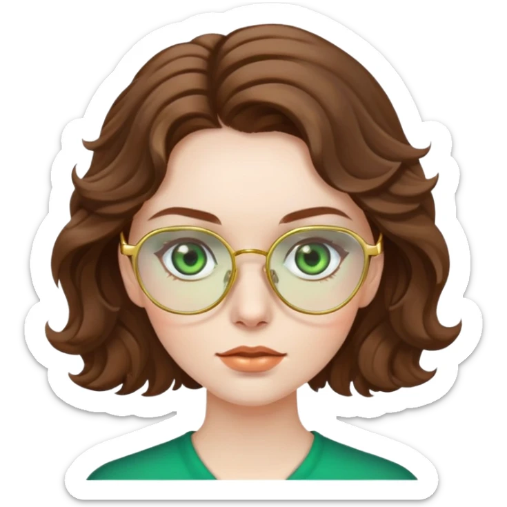 woman with pale skin, brown wavy hair, green eyes, gold glasses sticker