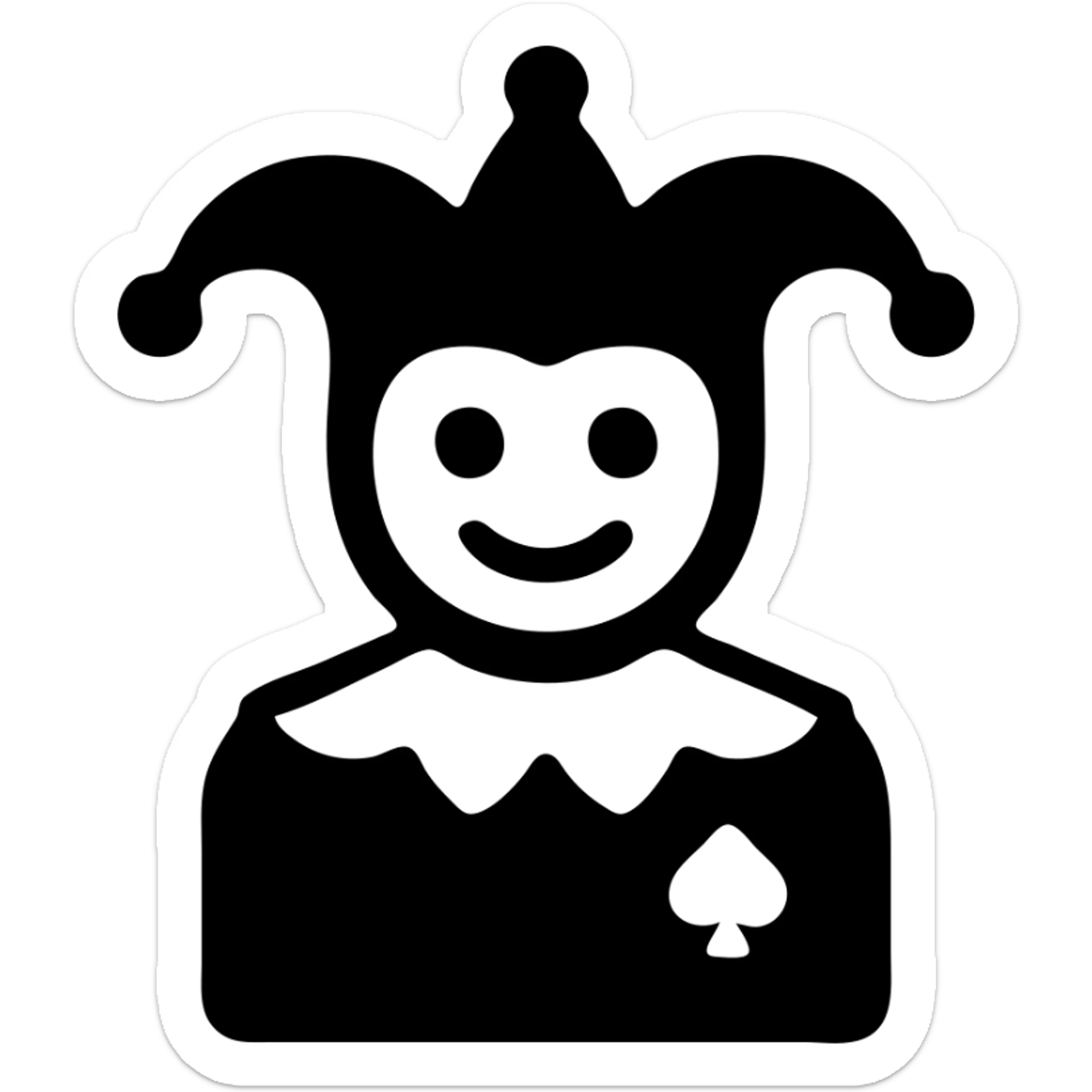 crazy colorful cute little cat jolly joker from poker, medieval, vintage, court jester, mac os icon, purple, gold and red color, head + torso. Squared shape as 3D mac os icon, symmetrical sticker