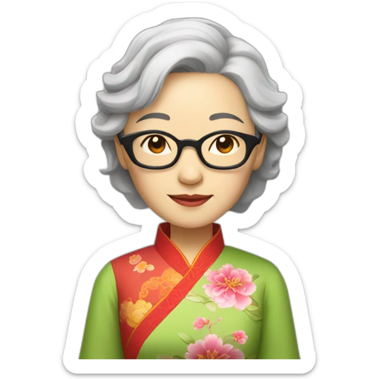 Chinese lady with very lightly grey hair to shoulder length wear glasses wear Chinese colourful dress sticker