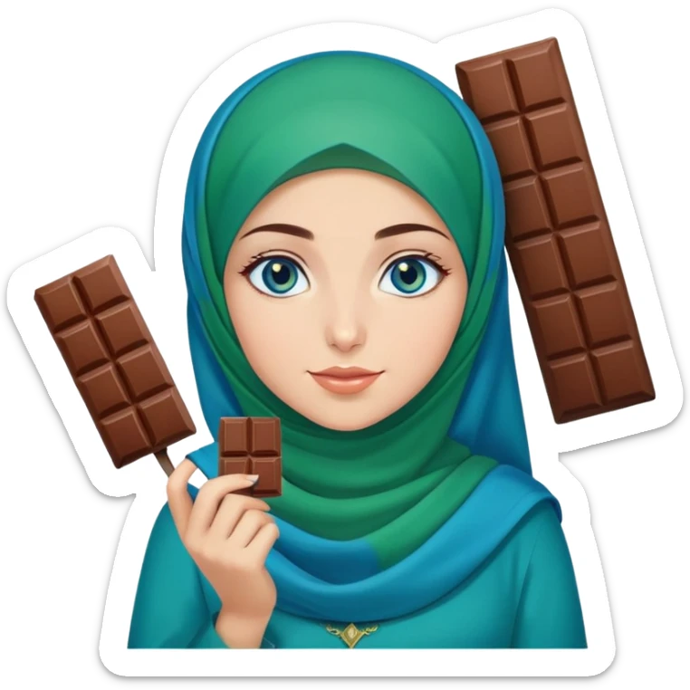 Turkish beautiful finish Konya girl blue eyes with green and blue hijab islamic dress and had on her hand Dubai chocolate  sticker