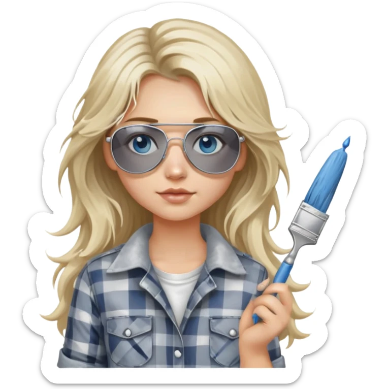 girl with long blond messy hair, "white paint on her face" wearing grey plaid shirt with blue eyes and aviator sunglasses wearing a ring on her silver necklace, holding a paint brush roller sticker