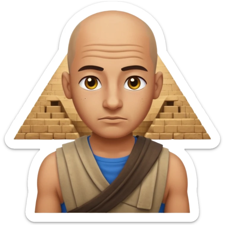 Emoji portrait of an Egyptian pyramid worker. Simple kilt, shaved head, tired yet resilient expression. sticker