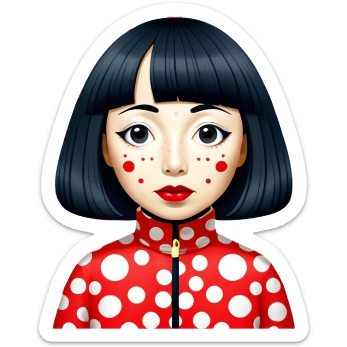 Yayoi Kusama – Cinematic Realistic Portrait of Yayoi Kusama, depicted as an avant-garde artist with an eccentric, captivating expression surrounded by her iconic polka dot patterns, rendered with vivid textures and imaginative lighting that evokes her unique, surreal creative world. sticker